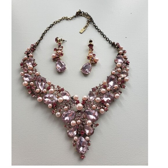 Pink Pearl and Rhinestone crystal jewelry set - Picture 1 of 6